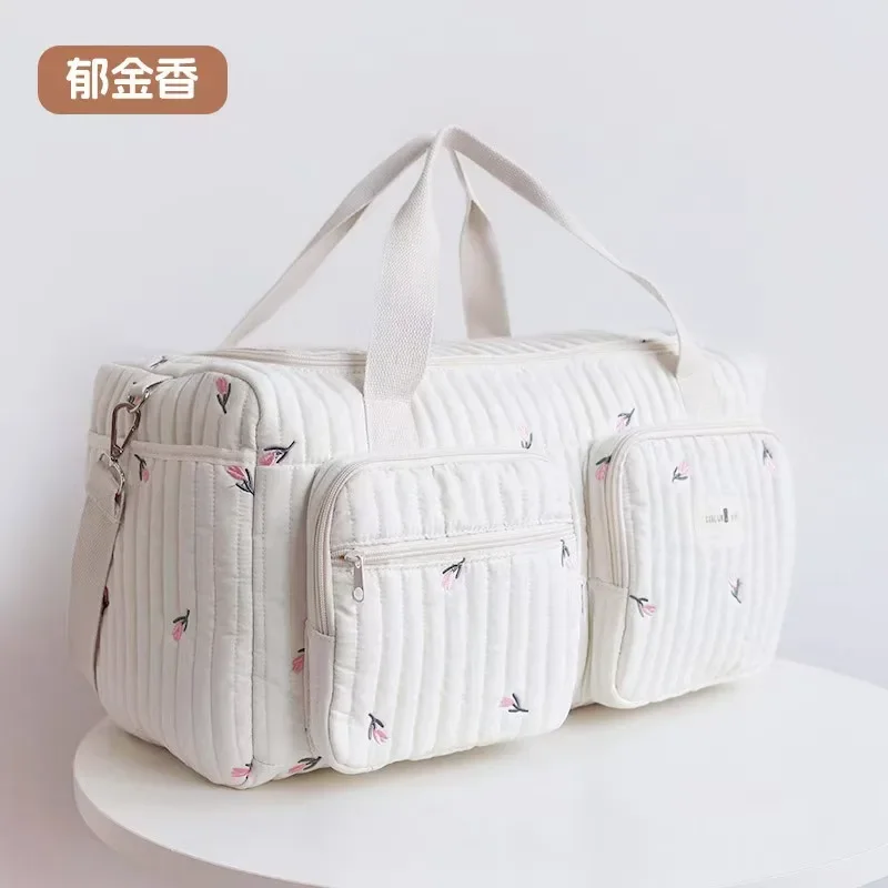 Sac à langer pour bébé, Motif brodé « ourson et fleurs » Tissu en coton beige et à fermeture éclair – Image 4