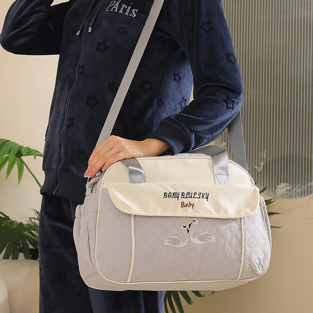 Sac de maman à une épaule, brodé, de grande capacité, avec poche isotherme pour biberon