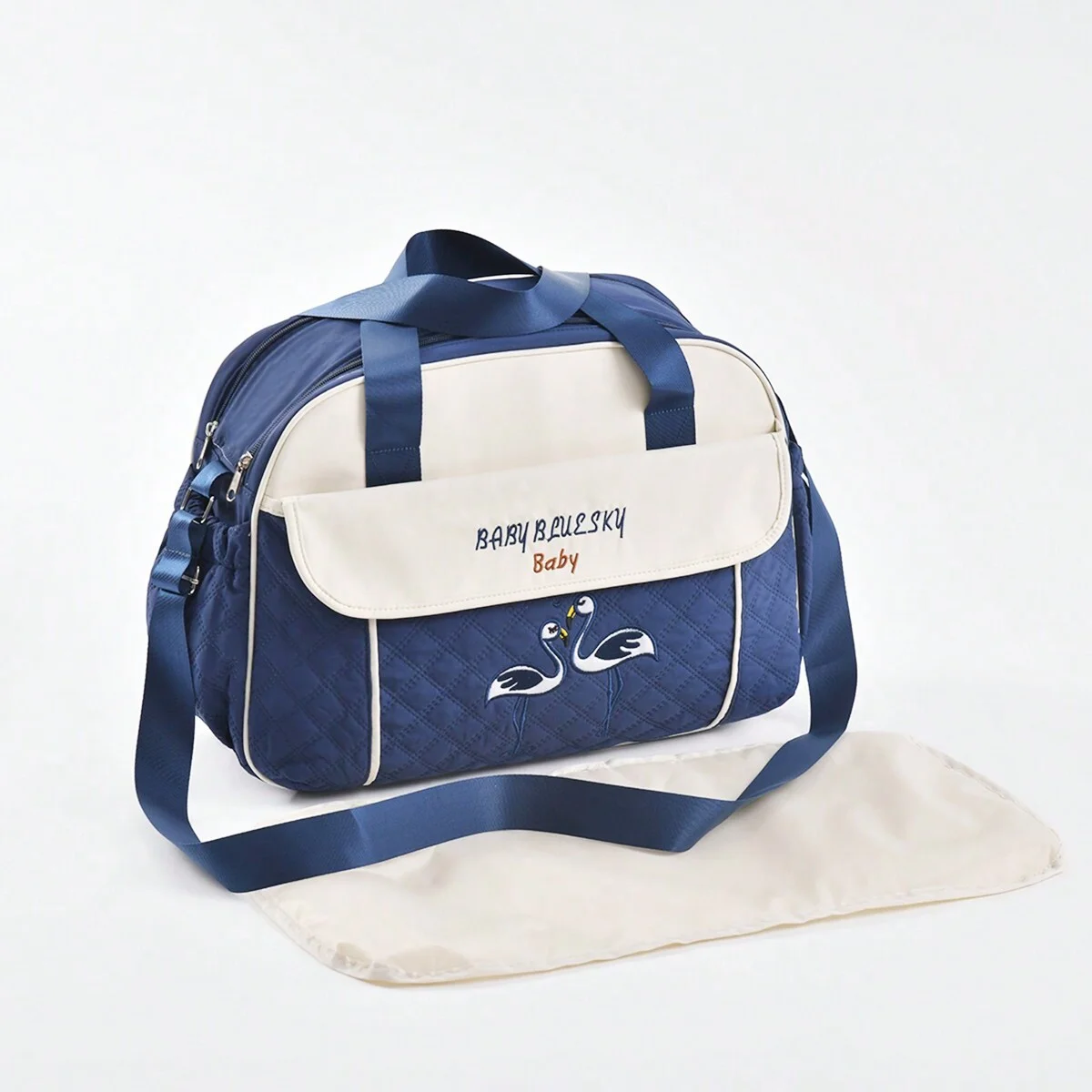 Sac de maman à une épaule, brodé, de grande capacité, avec poche isotherme pour biberon – Image 3