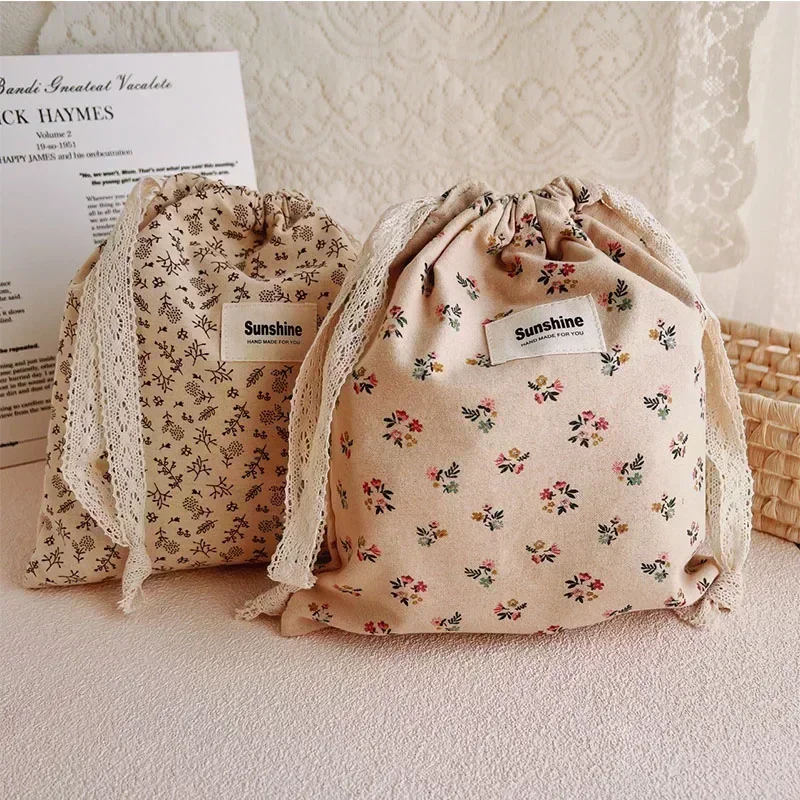Sac à langer à motif floral imprimé, en coton, avec poche à cordon, de transport pour poussette, de rangement pour couches