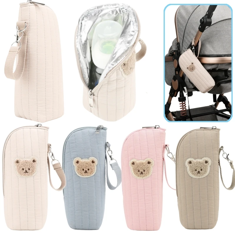 Sac à bouteille isotherme pour bébé avec poche de rangement et crochet pour poussette.