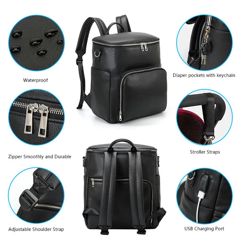 Sac à dos a langer en simili cuir, grande capacité, de maternité, avec matelas a langer et accessoires – Image 4