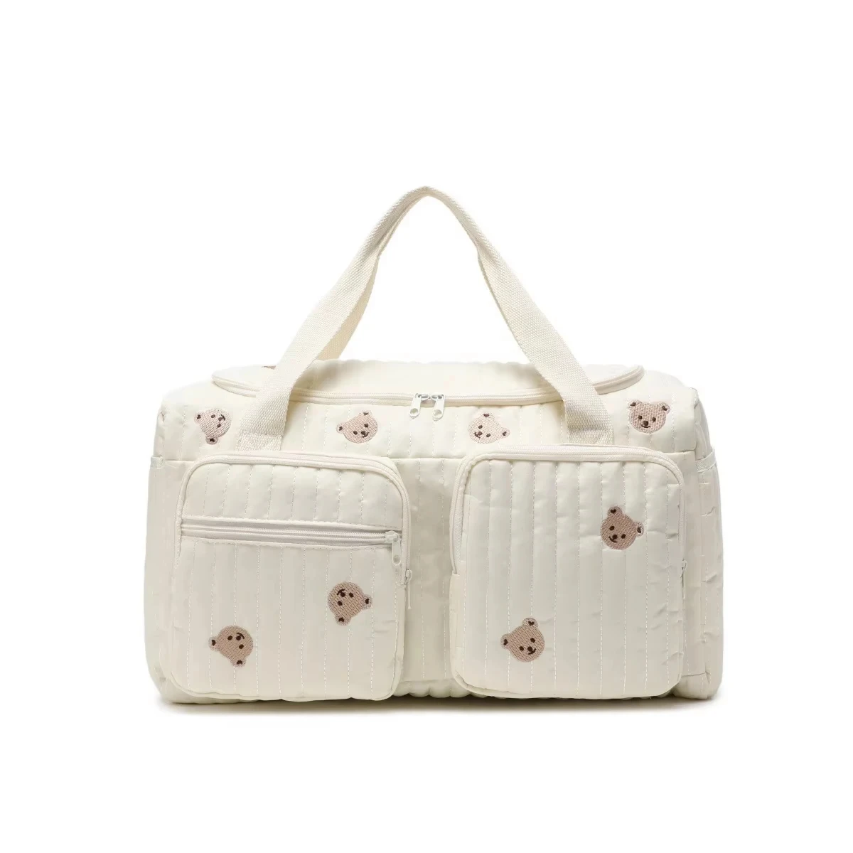 Sac à langer pour bébé motif brodé « ourson et fleurs » , tissu en coton beige avec fermeture éclair – Image 7