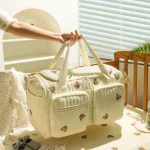 Sac à langer pour bébé motif brodé « ourson et fleurs » , tissu en coton beige avec fermeture éclair