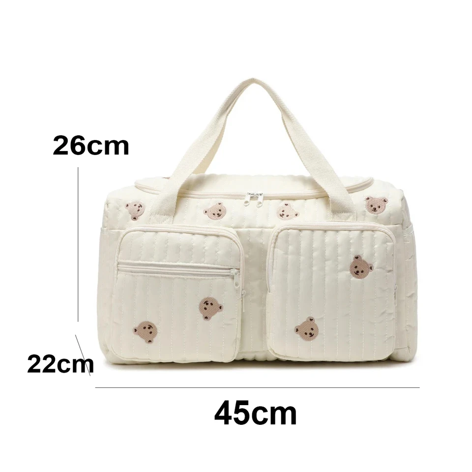 Sac à langer pour bébé motif brodé « ourson et fleurs » , tissu en coton beige avec fermeture éclair – Image 6