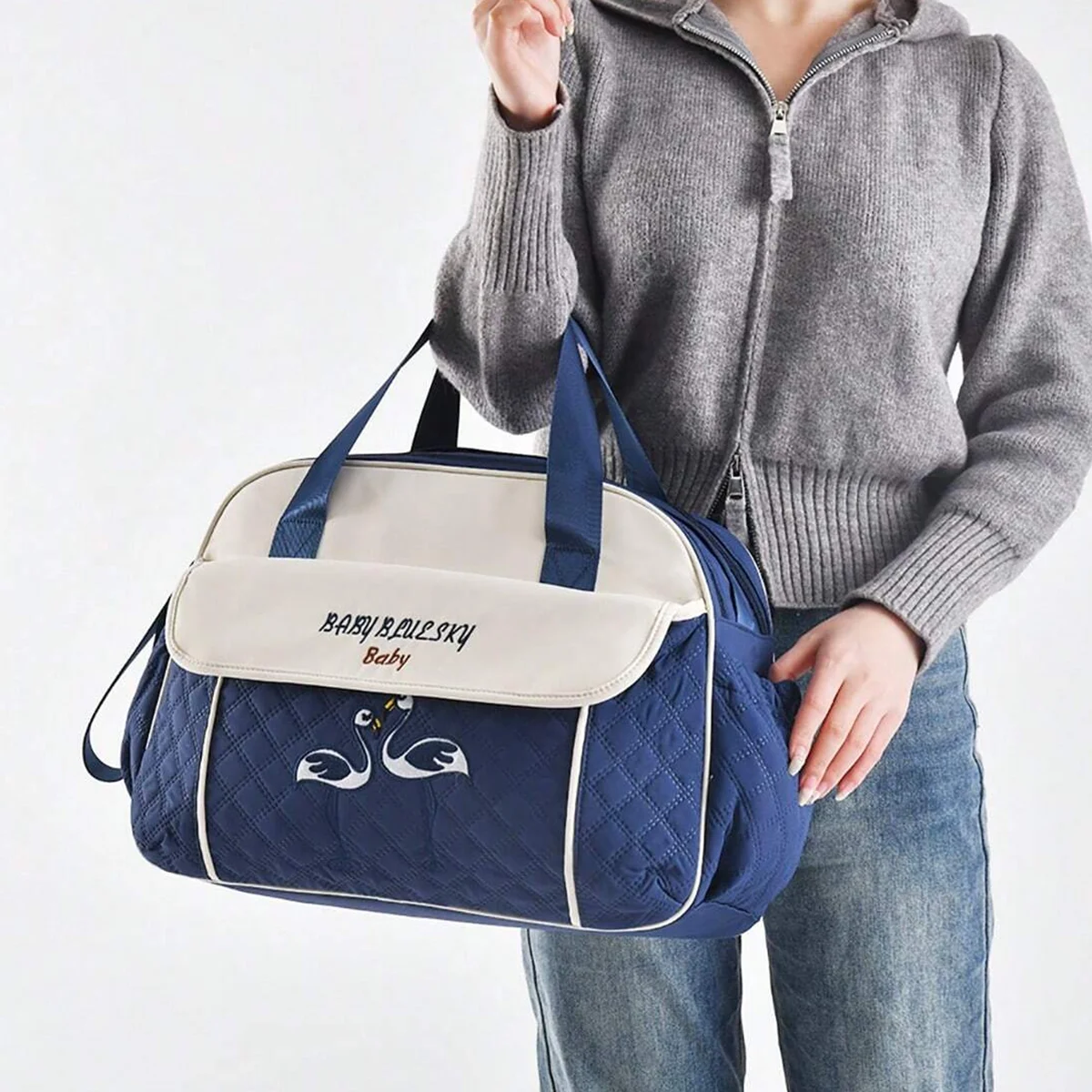 Sac de maman à une épaule, brodé, de grande capacité, avec poche isotherme pour biberon – Image 2