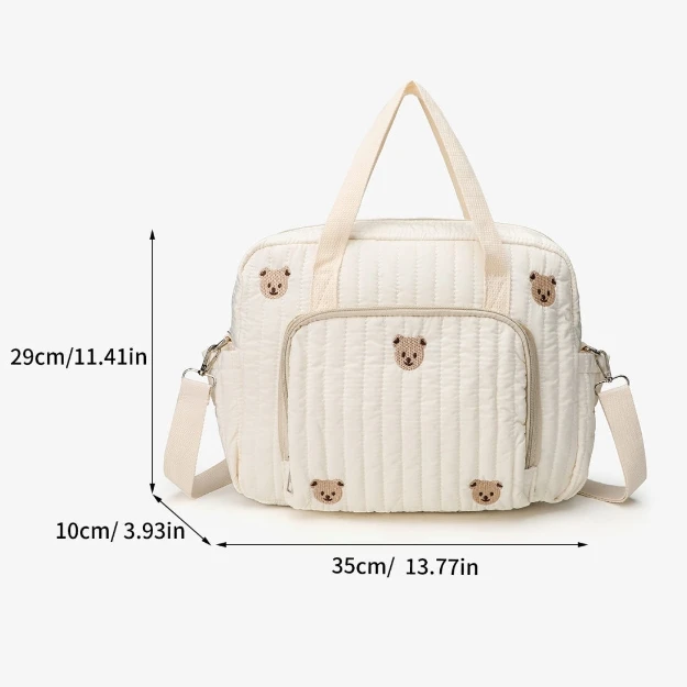 Sac à langer pour bébé, Motif brodé « ourson et fleurs » Tissu en coton beige et à fermeture éclair – Image 8