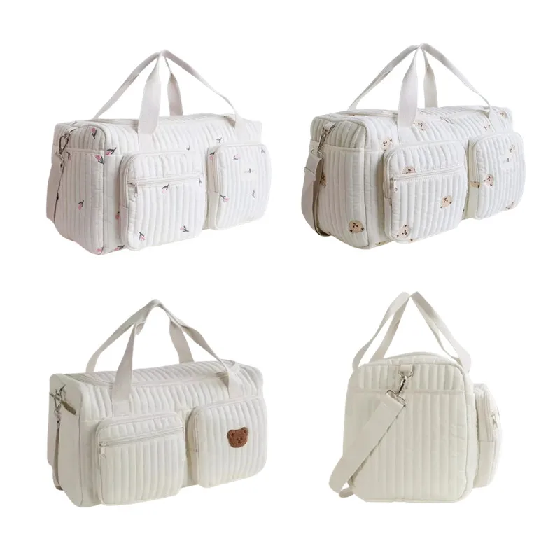 Sac à langer pour bébé, Motif brodé « ourson et fleurs » Tissu en coton beige et à fermeture éclair